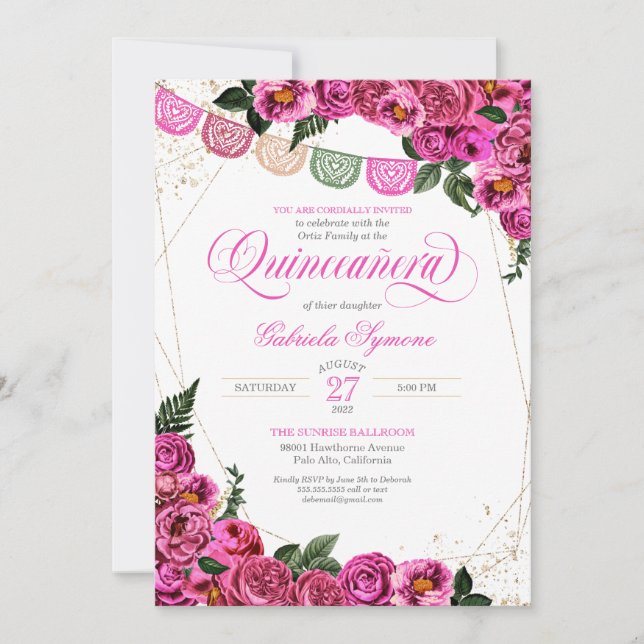 Rosa Roses Elegante Fiesta Floral Quinceañera Einladung (Vorderseite)