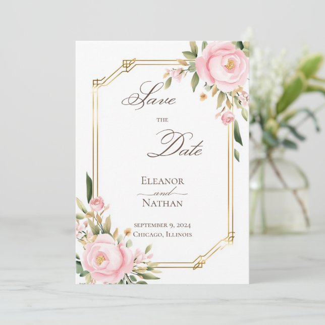 Rosa Roses Eleganter Frühjahrsommer Save the Date Einladung (Stehend Vorderseite)