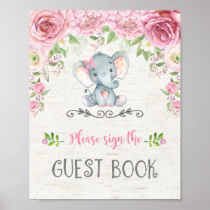Rosa Roses Floral Elephant Baby Gästebuchsignatur Poster