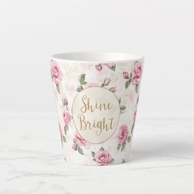 Rosa Roses Floral Gold Glitzer Shine Bright Milchtasse (Vorderseite)