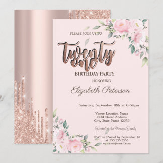 Rosa Roses Glitzer Tropfen Rose Gold 21. Geburtsta Einladung