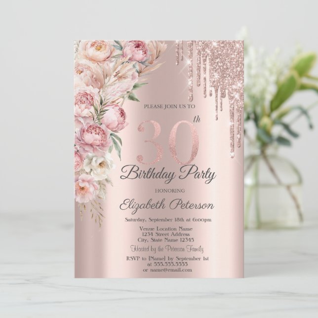 Rosa Roses Glitzer Tropfen Rose Gold 30. Geburtsta Einladung (Stehend Vorderseite)