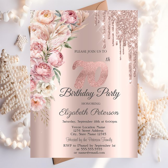 Rosa Roses Glitzer Tropfen Rose Gold 70. Geburtsta Einladung (Von Creator hochgeladen)