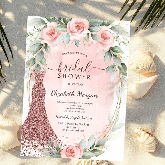 Rosa Roses Gold Frame Glitzer Dress Brautparty Einladung (Von Creator hochgeladen)