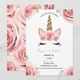 Rosa Roses Gold Glitzer Unicorn Blumengeburt Einladung
