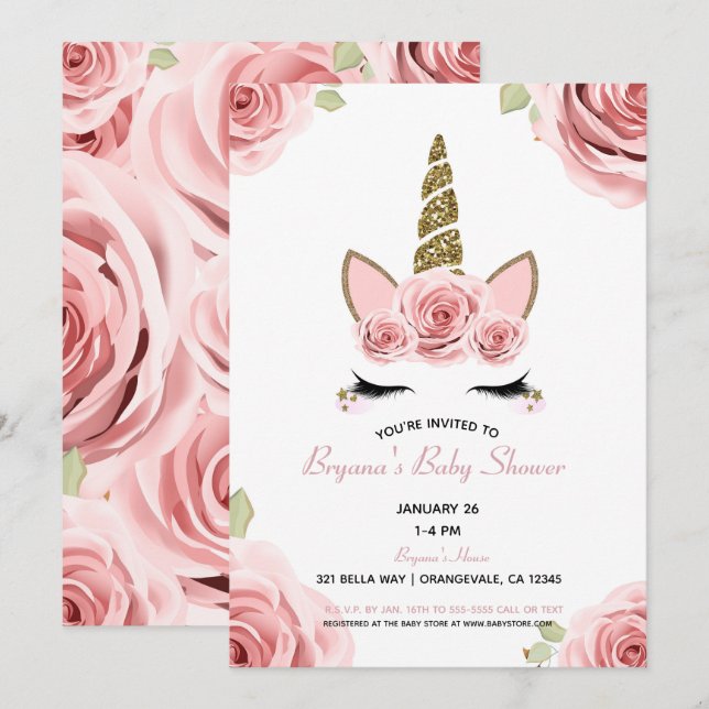 Rosa Roses Gold Glitzer Unicorn Blumenspülung Einladung (Vorne/Hinten)