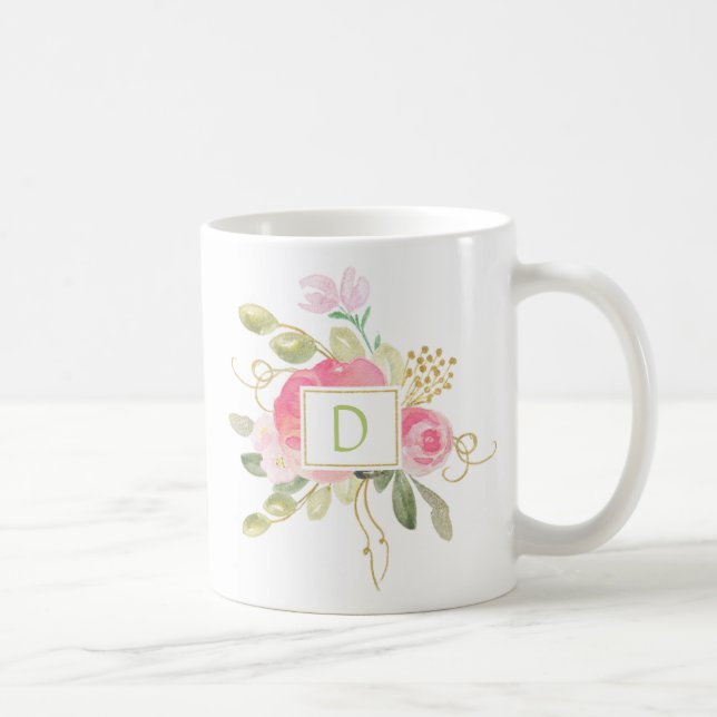 Rosa Roses Gold Glitzern Green Blätter Monogramm T Kaffeetasse (Rechts)