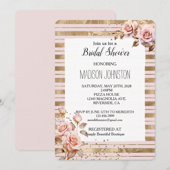 Rosa Roses Gold Streifen Glitzer Brautparty Einladung (Vorne/Hinten)