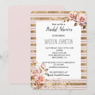 Rosa Roses Gold Streifen Glitzer Brautparty Einladung