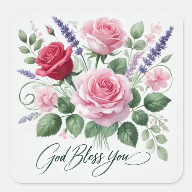 Rosa Roses Gott segne Sie religiös Quadratischer Aufkleber (Vorderseite)