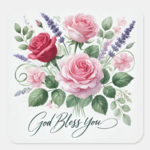 Rosa Roses Gott segne Sie religiös Quadratischer Aufkleber