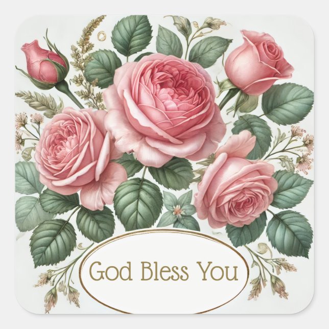 Rosa Roses Gott segne Sie religiös Quadratischer Aufkleber (Vorderseite)