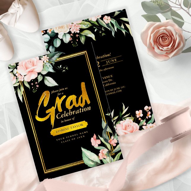 Rosa Roses Grad Foil Gold/Schwarz ID894 Folieneinladung (Von Creator hochgeladen)