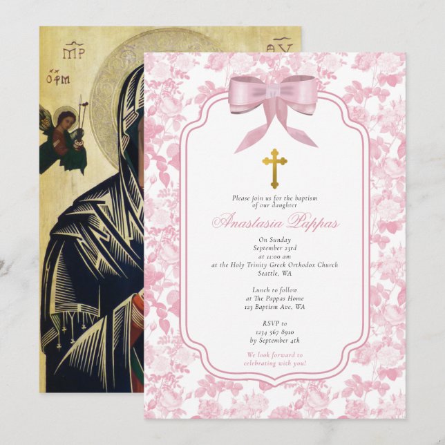 Rosa Roses Griechisch-Orthodoxe Christening Taufe Einladung (Vorne/Hinten)