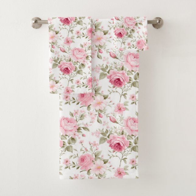Rosa Roses Grünes Shabby Chic Badetuch Set (Insitu)