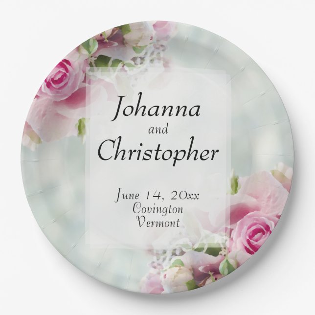 Rosa Roses Hochzeitspapier-Teller Pappteller (Vorderseite)
