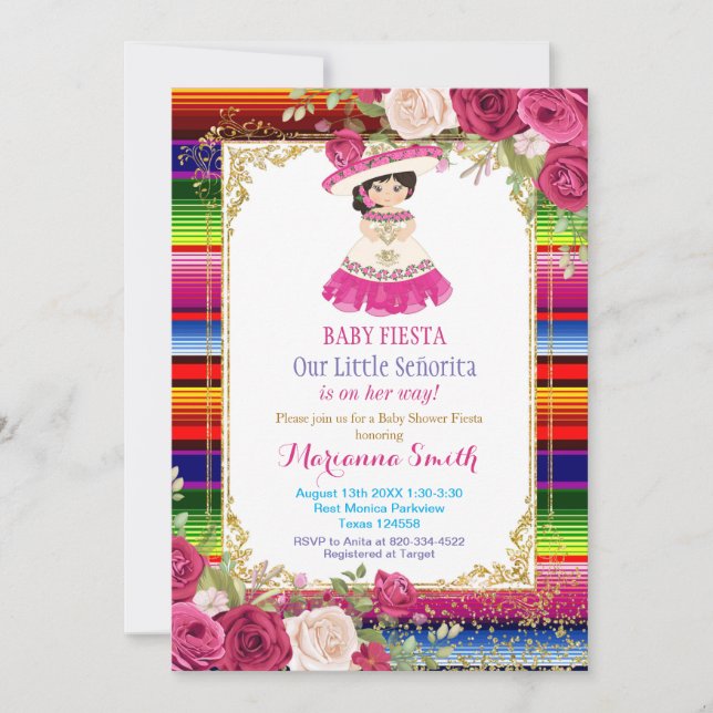 Rosa Roses mexikanische Fiesta Babydusche Einladung (Vorderseite)
