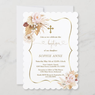 Rosa Roses Pampas Grass Palm Gold Taufe Einladung