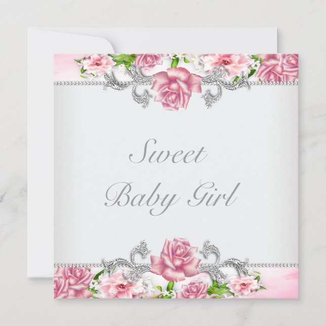 Rosa Roses Pink Baby Girl Dusche Einladung (Vorderseite)