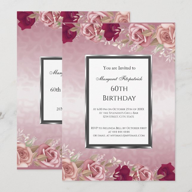 Rosa Roses Pink Geburtstagsparty Einladung (Vorne/Hinten)