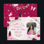 Rosa Roses Princess Butterfly & Foto Quinceanera Save The Date<br><div class="desc">Lass deinen Freunden und der Familie mit dieser wunderschönen Save the Date Karte von deinem kommenden Quinceanera Bescheid. Das elegante Schriftzeichen und Ihr Foto mit einer Fülle von rosa Rosen,  goldfarbenem Glitzer,  Schmetterlingen,  einer Tiara oder Krone und einer Prinzessin in einem extravagant rosa Kleid.</div>