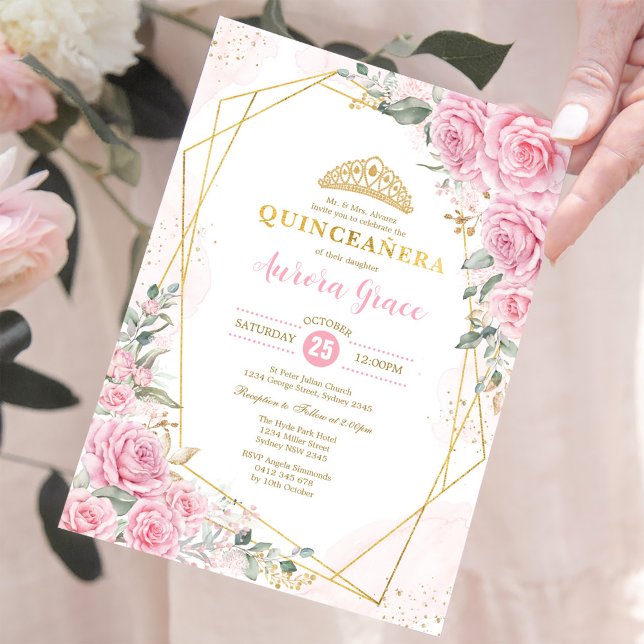 Rosa Roses Princess Quinceañera Gold Geometrie Einladung (Von Creator hochgeladen)