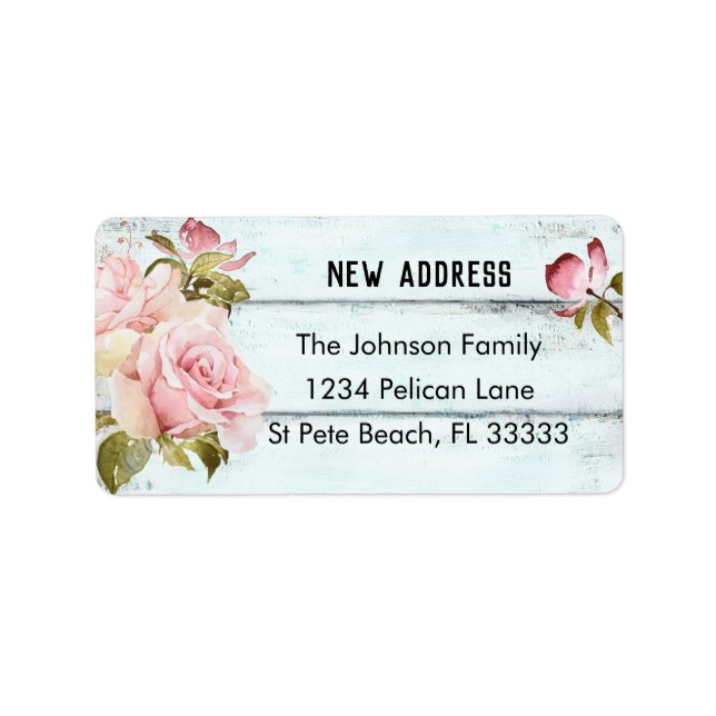 Rosa Roses Rustic Aqua Fence Neue Adresse Adressaufkleber (Vorne)