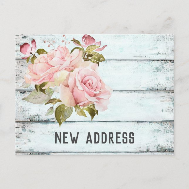 Rosa Roses Rustic Aqua Fence Neue Adresse Ankündigungspostkarte (Vorderseite)