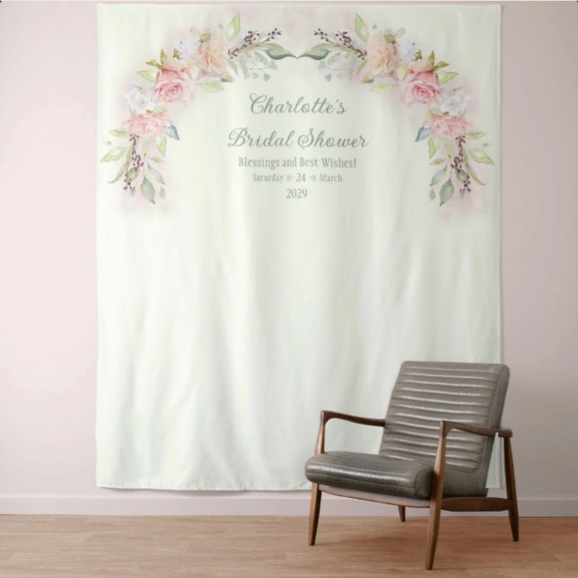 Rosa Roses Sage Grünes Brautparty Foto Hintergrund Wandteppich (Pink Watercolor Roses Sage Green Bridal Shower Photo Backdrop)