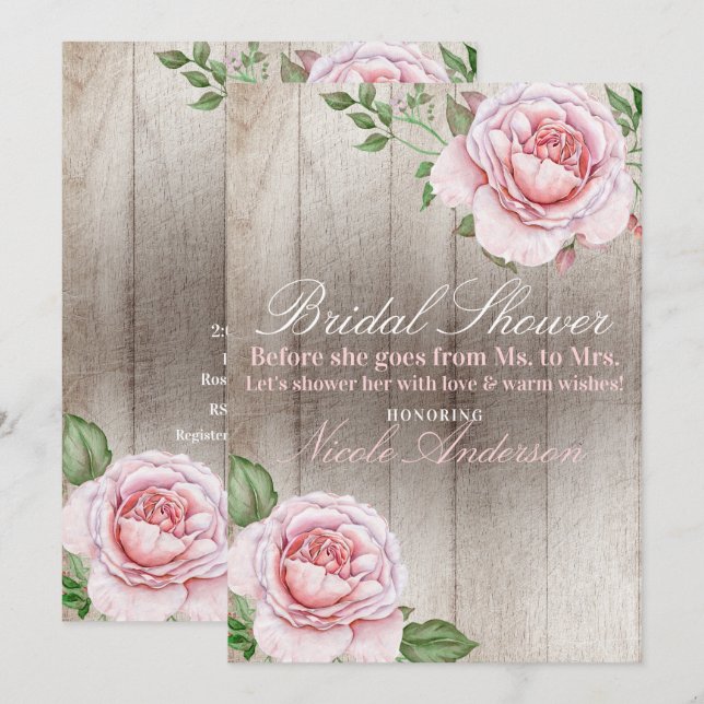 Rosa Roses Shabby Chic Weiß Rustikales Brautparty Einladung (Vorne/Hinten)