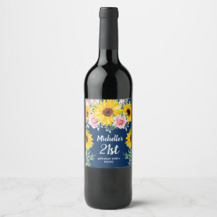 Rosa Roses Sonnenblumen Navy Blue 21. Geburtstag Weinetikett