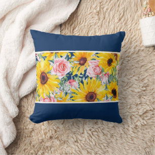 Rosa Roses Sonnenblumen Navy Blue Kissen