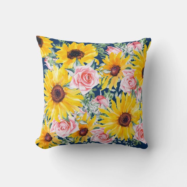 Rosa Roses Sonnenblumen Navy Blue Kissen (Vorderseite)
