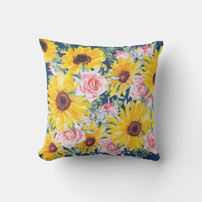 Rosa Roses Sonnenblumen Navy Blue Porch Patio Kissen (Vorderseite)