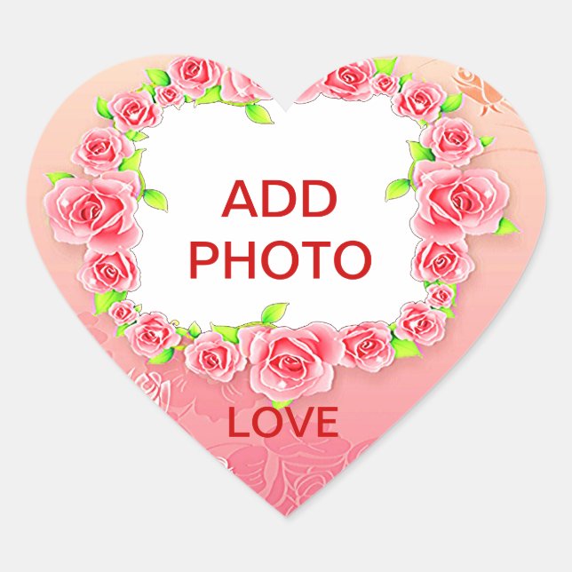 Rosa Roses Valentine Fügen Sie Ihr Foto hinzu Herz-Aufkleber (Vorderseite)