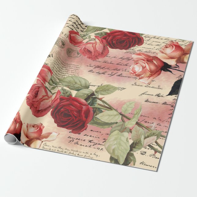 Rosa Roses Vintages Ephemerapier Geschenkpapier (Ungerollt)
