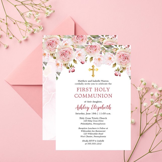 Rosa Roses Wasserfarbe Florenz Erste heilige Kommu Einladung (Beautiful Pink Roses Watercolor Floral First Holy Communion Invitation - Print and/or Digital)