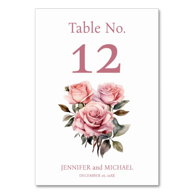 Rosa Roses Watercolor Hochzeitsstimmung Tischnumme Tischnummer (Vorderseite)