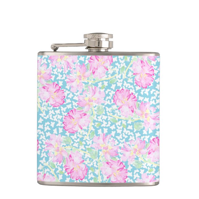 Rosa Roses Weiße Schmetterlinge Sky Blue Hip Flask Flachmann (Vorderseite)