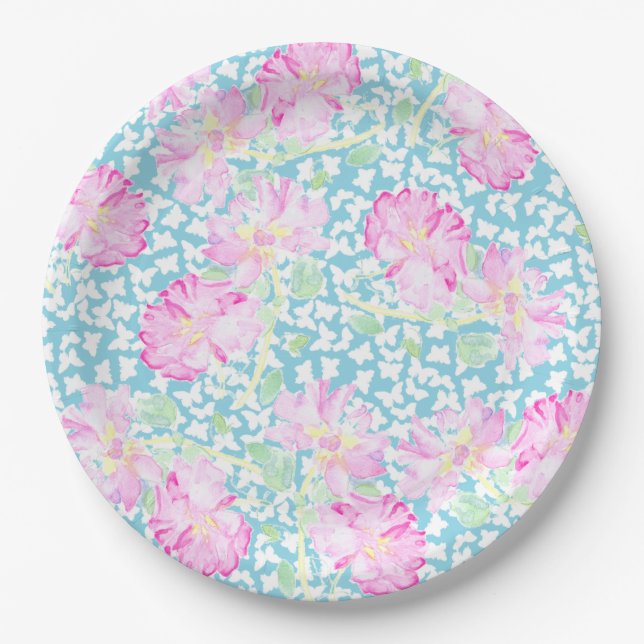 Rosa Roses White Butterfets Sky Blue Paper Plate Pappteller (Vorderseite)