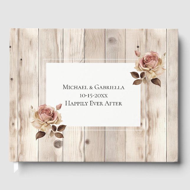 Rosa Roses Wood Cream White Wedding Gästebuch (Vorderseite)