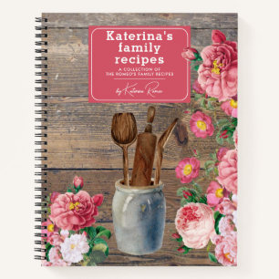 Rosa Roses Wood Kitchen Utensils Familie Rezept Notizbuch