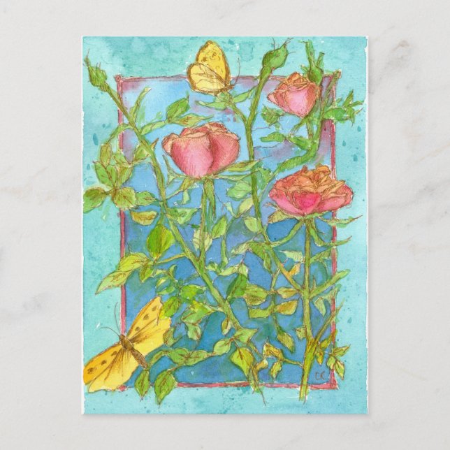 Rosa Roses Yellow Butterfly Gartenanlagen und Gärt Postkarte (Vorderseite)