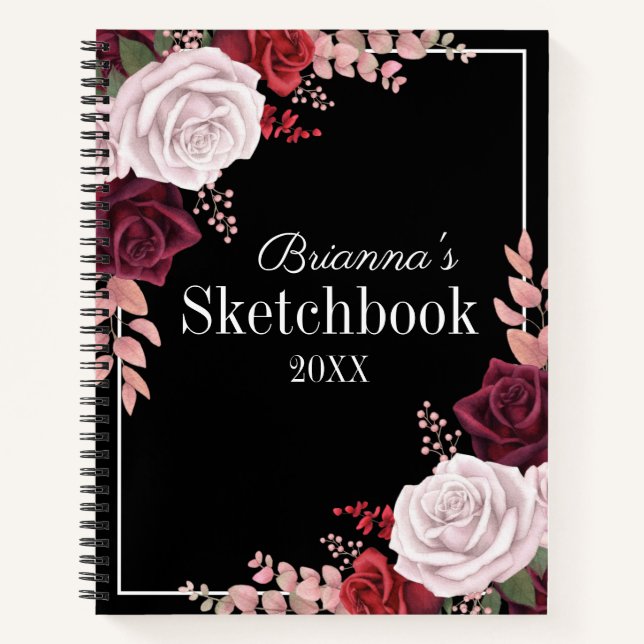Rosa Roses Your Name Black Sketchbook Notizbuch (Vorderseite)