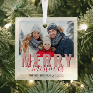 Rosa Rot Frohe Weihnachtskrippe Foto Ornament Aus Glas