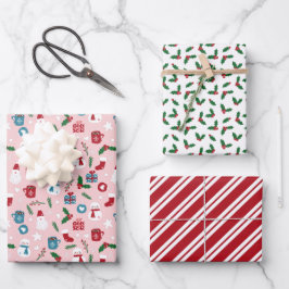  Rosa Rot Grün Niedlich Gemütliche Weihnachtsmuste Geschenkpapier Set