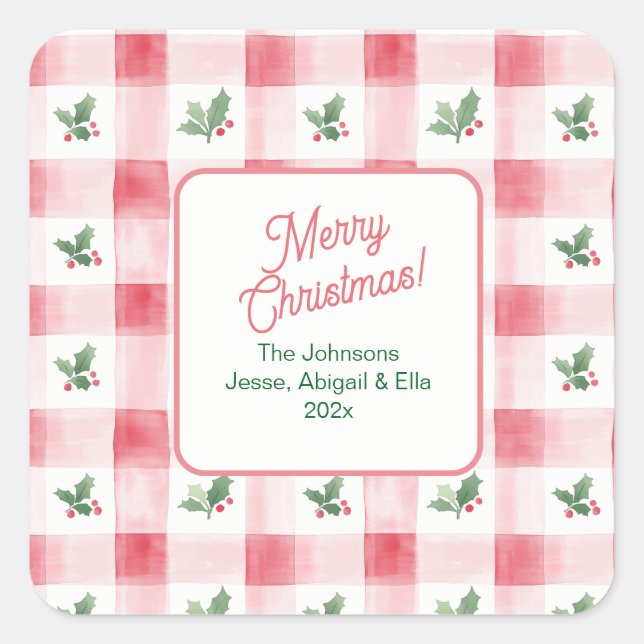 Rosa Rot Grün Retro Muster Weihnachten Quadratischer Aufkleber (Vorderseite)
