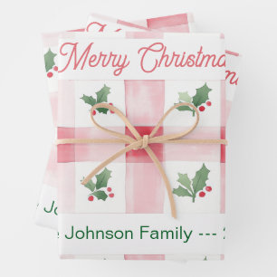 Rosa Rot Grün Retro Personalisierte Weihnachten Geschenkpapier Set