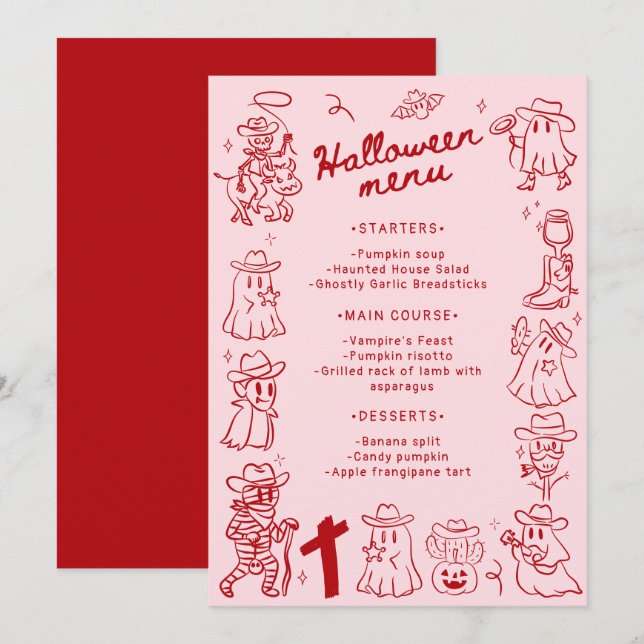 Rosa Rot, Quirky Hand Draodles Halloween Menükarte (Vorne/Hinten)