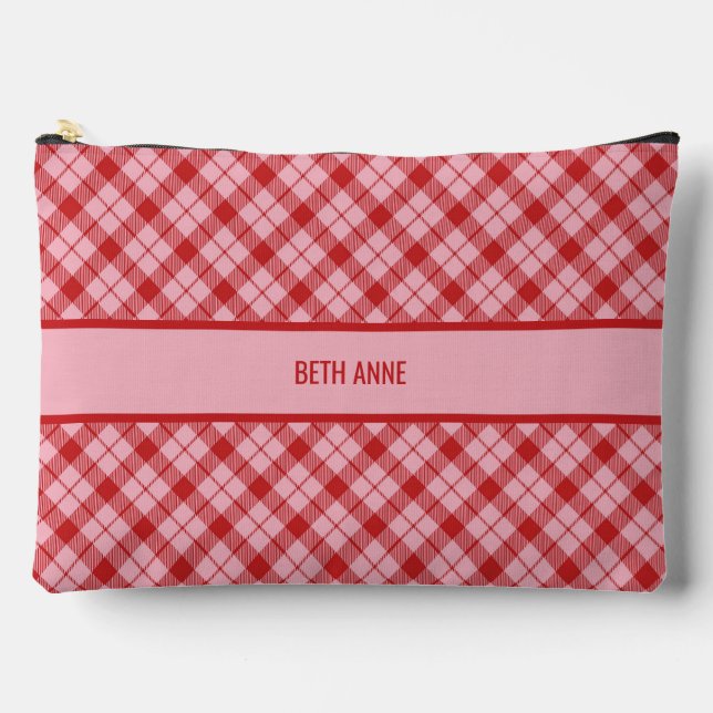 Rosa + Rot Tartan Large Zubehörtasche (Vorderseite)